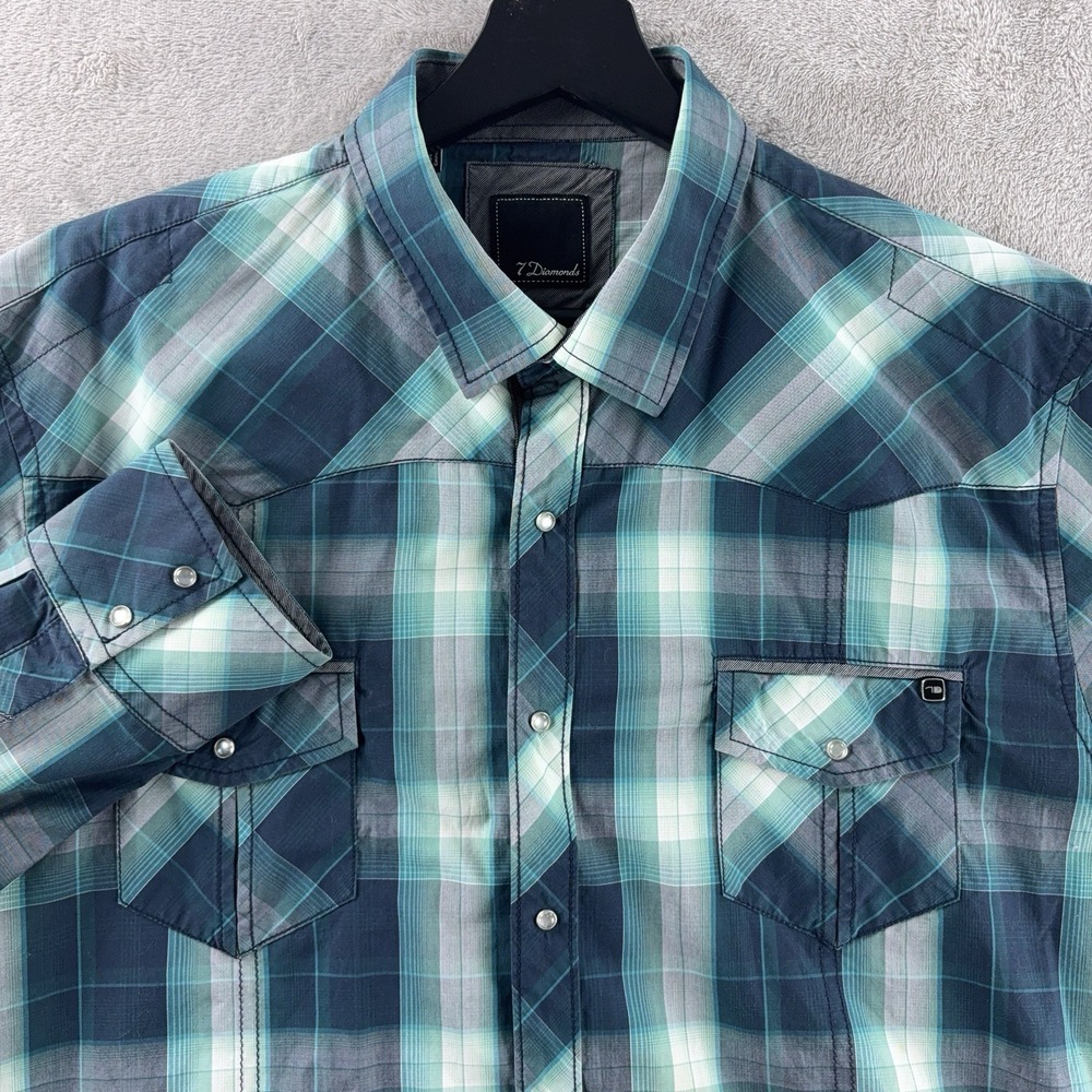 7 Diamonds Western Snap Shirt Mens Size Large Blue Green‎ Plaid Pearl Snap